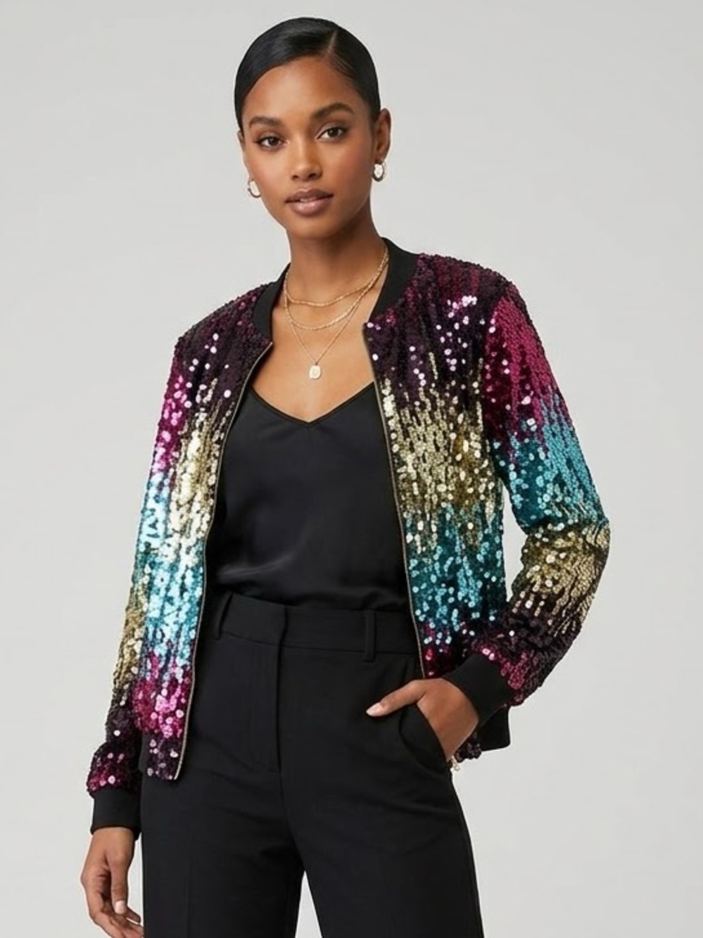 TOUCH ME Rainbow Sequin Zip Up Bomber Jacket Ombre Large L